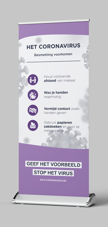 Corona Covid-19 Roll-Up Banner – Besmetting voorkomen paars