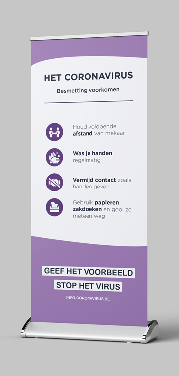 Corona Covid-19 Roll-Up Banner – Besmetting voorkomen paars zonder achtergrond